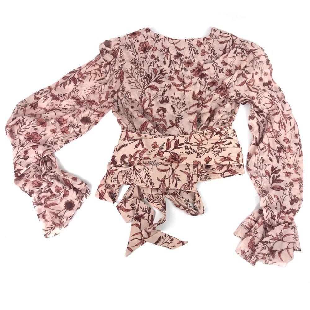 AMUR Helene Tie Waist Floral Silk Wrap Crop Top - Picture 15 of 16